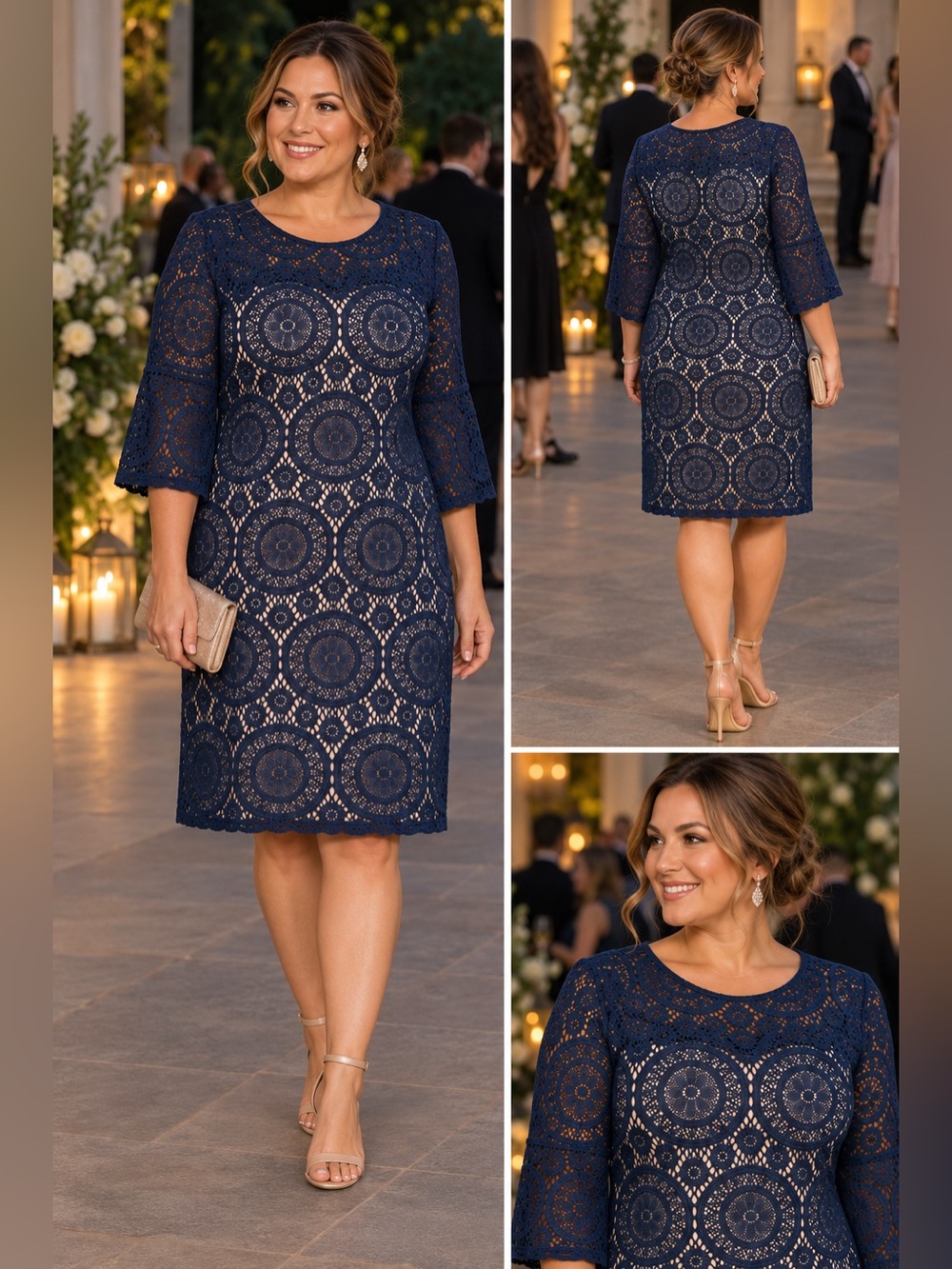 Tacera Navy Blue Crochet Lace Maxi Dress 2X Boho Lined Short Sleeve